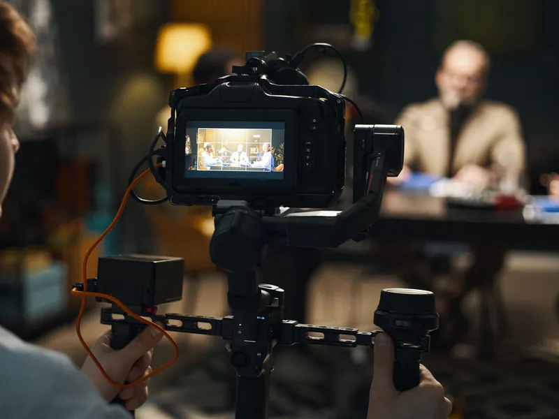 A camera on a stabiliser filming a conversation at a lounge table