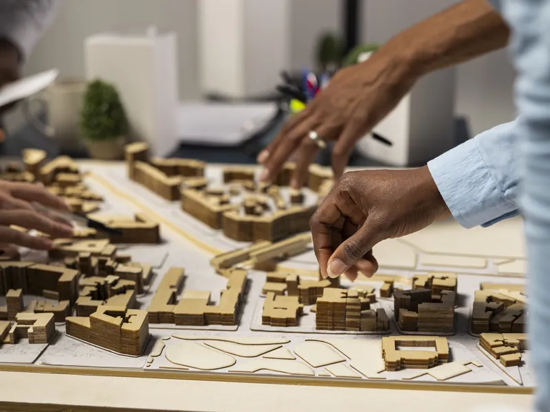 Several hands placing wooden blocks on a master-plan model