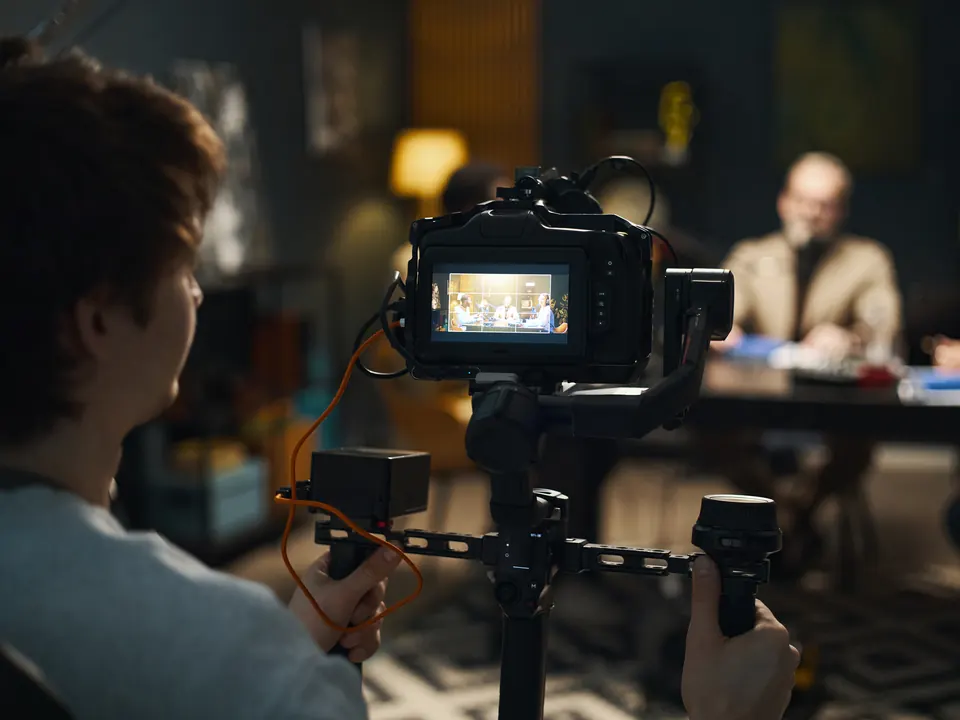 A camera operator filming a meeting at a table, the shot framed on the camera’s screen