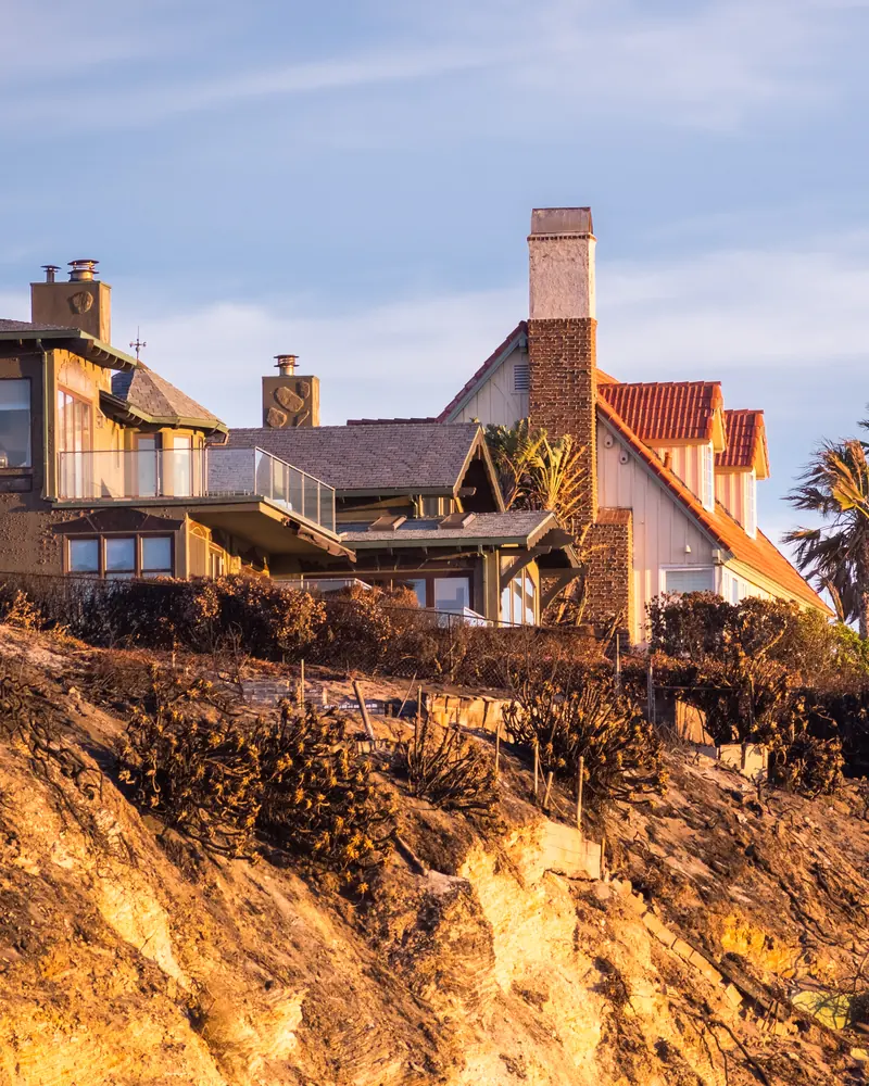 A timber and stone residence on a clifftop with palms in golden light