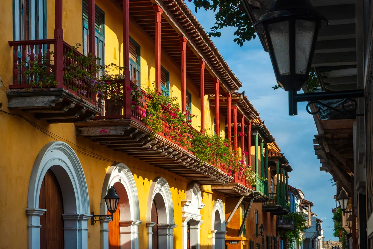 Colonial street in Cartagena, Colombia, in the evening
