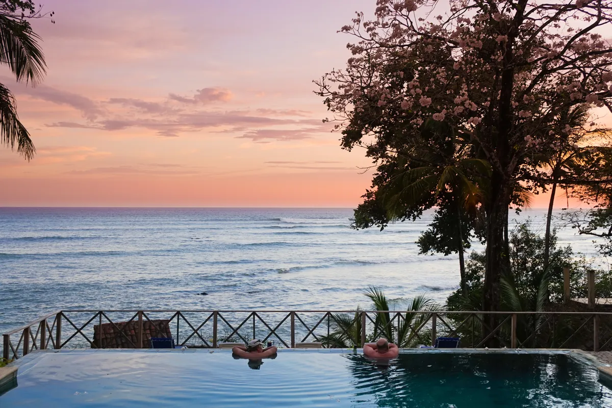 Panama's Pacific coast with palms along the shore