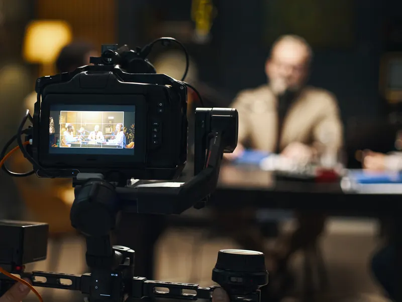 A camera’s screen shows an interview while the speaker sits out of focus at a table behind it