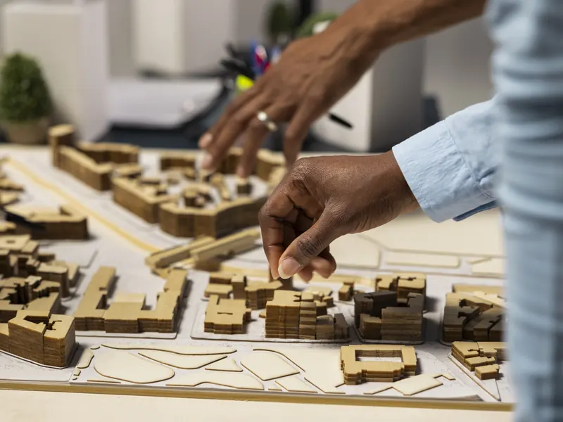 Hands setting timber blocks on an architectural massing model